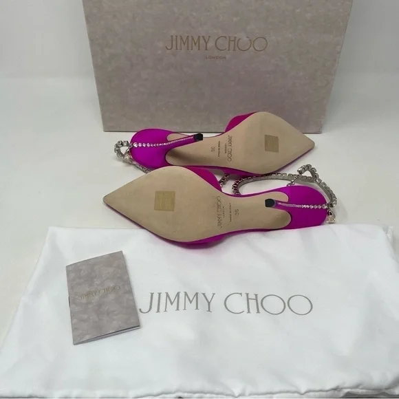 Jimmy Choo Saeda‎ 100mm Ankle Strap Pumps in Fuschia Satin with Crystal Chain - Picture 15 of 16